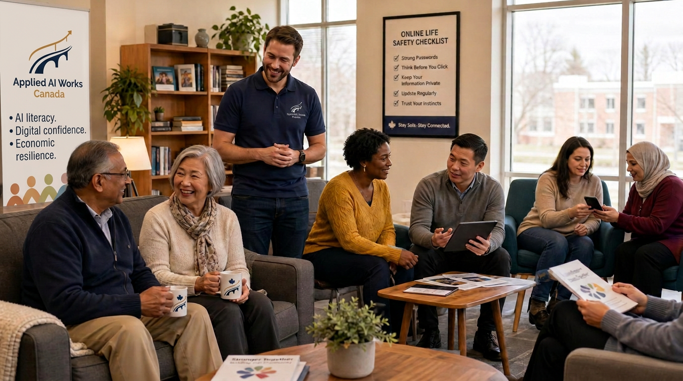 Small groups of adults learning together with an Applied AI Works facilitator in a community room