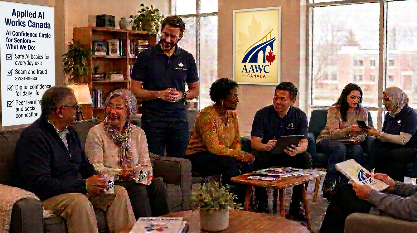 Small groups of adults learning together with an Applied AI Works facilitator in a community room